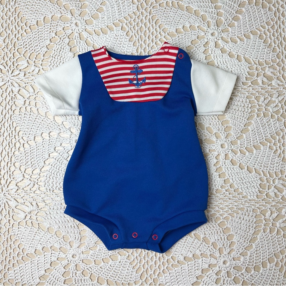Vintage 1970s Cutler Baby Boy 6-9 Months Polyester Patriotic Nautical Romper